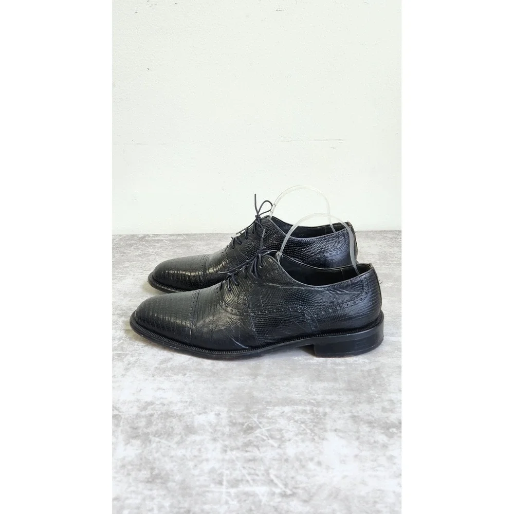 David Eden Men's Lizard Embossed Cap Toe Brogue Oxford Black Shoes 10.5 Formal